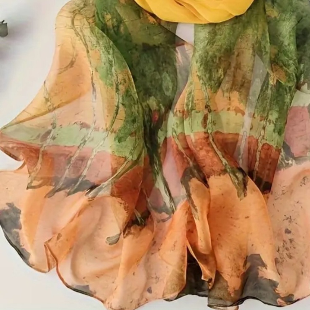 Colorful Abstract Birch Trees Scarf Shawl Green Yellow Brown - Picture 3 of 4